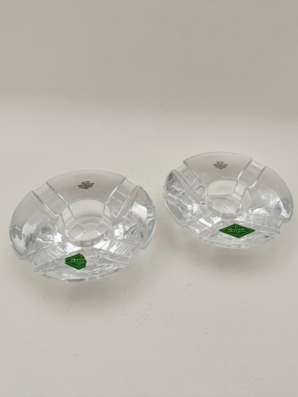 Vintage MCM Irish Shannon Crystal Clear Round Votive Candle Holder Pair, MINT